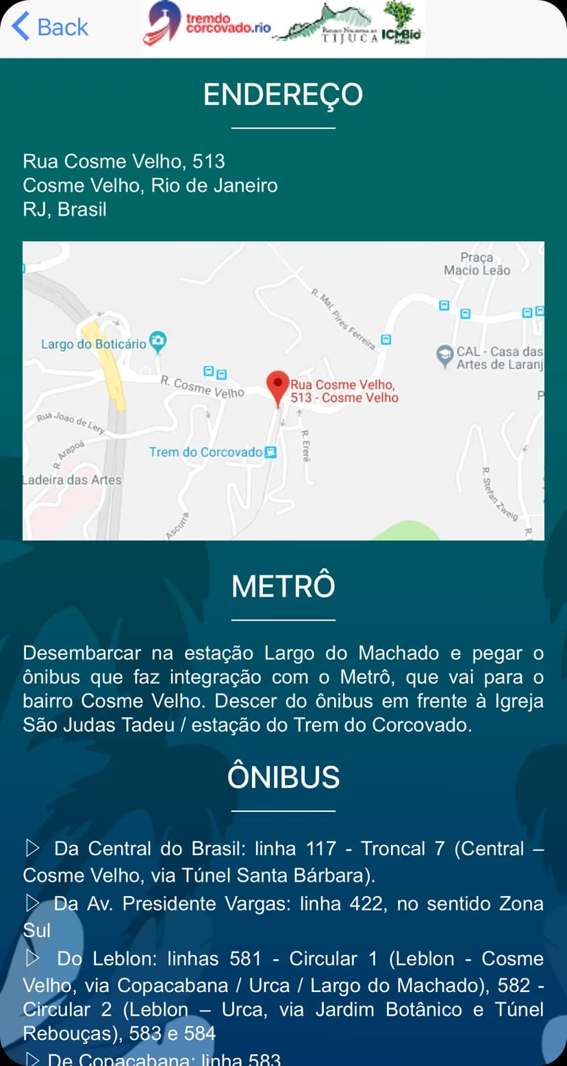 Pantalla «Como Chegar» de la app, con dirección, mapa y opciones de metro y autobús hasta la estación.