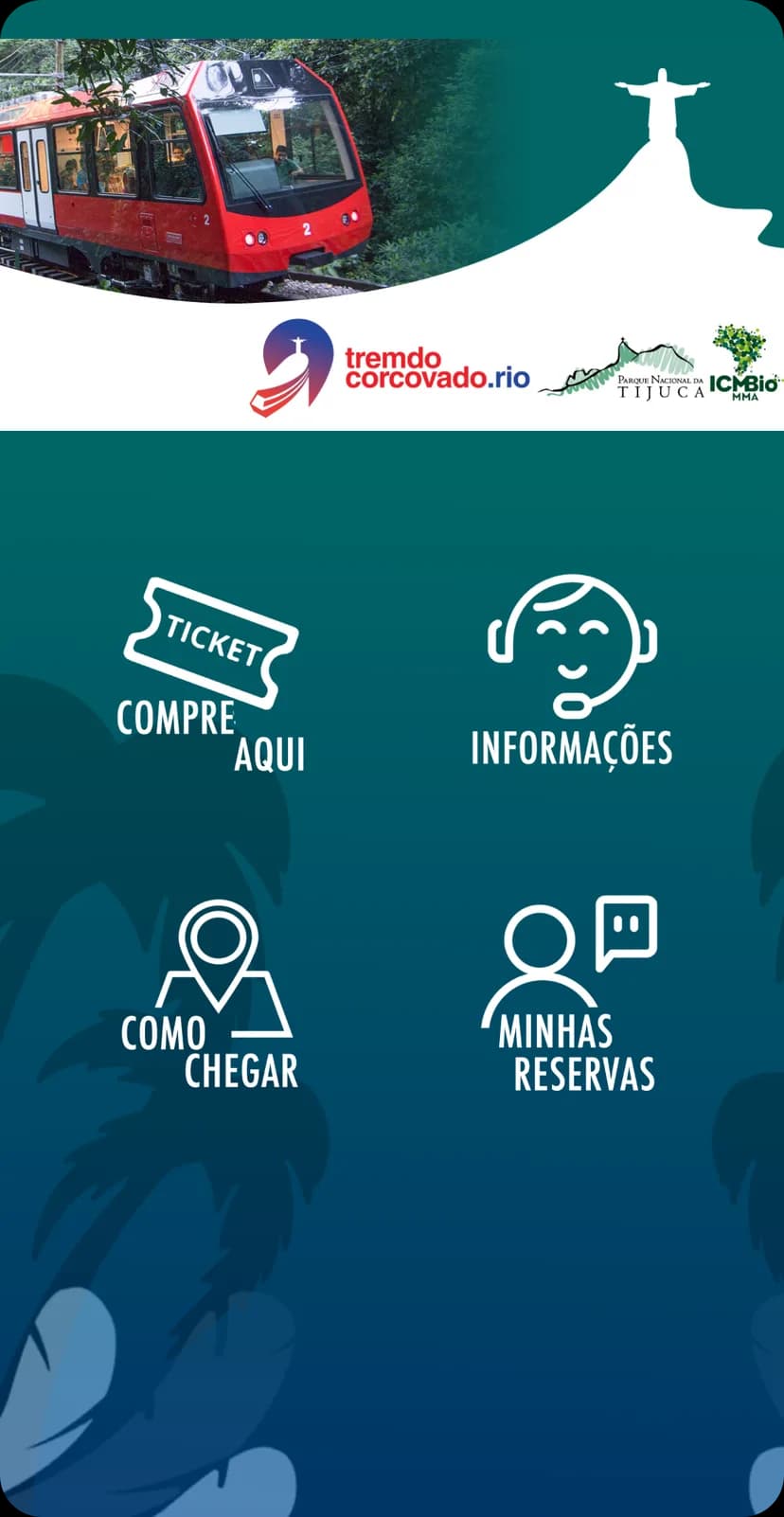 Pantalla de inicio de la app con los accesos «Compre Aqui», «Informações», «Como Chegar» y «Minhas Reservas».