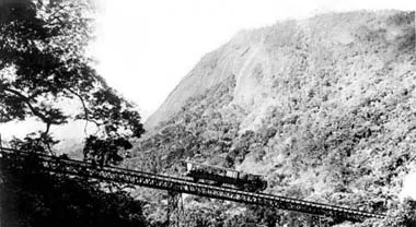 The Corcovado train crossing a viaduct on the forested hillside, historic black-and-white photo